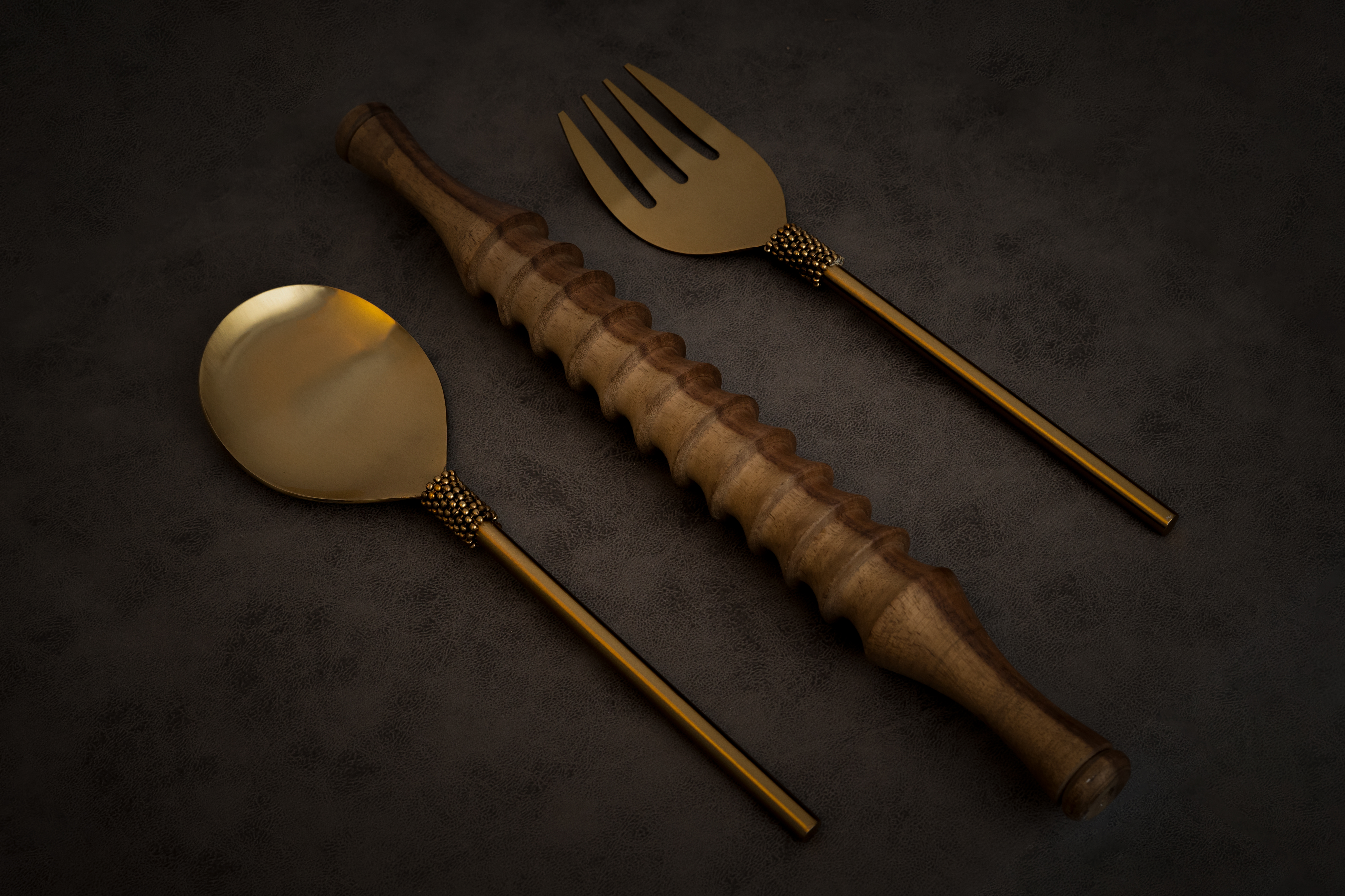 3002300402 Sole Golden Pearls Serving Fork - Brass Gold Matte  